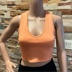 Sleeveless V-Neck Ribbed Crop Tank - Peach